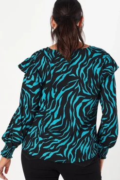 Curve Frill Shoulder V Neck Top Zebra Print