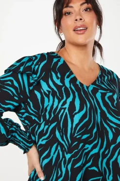 Curve Frill Shoulder V Neck Top Zebra Print