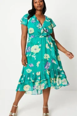 Curve Green Floral Wrap Midi Dress