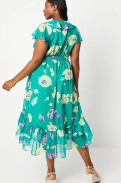 Curve Green Floral Wrap Midi Dress