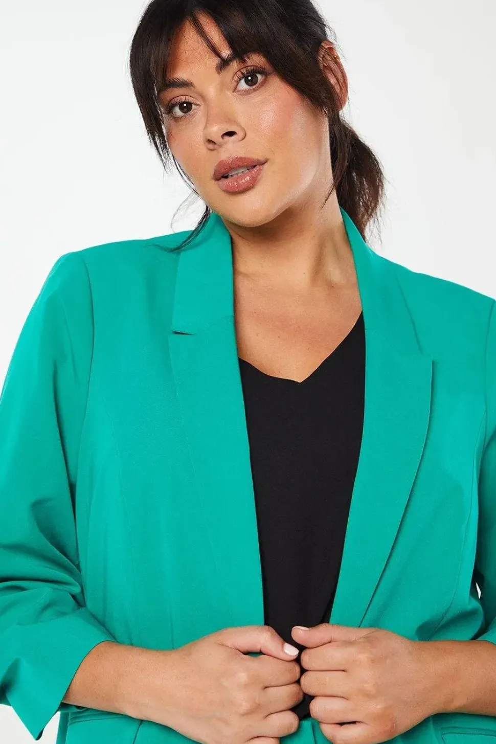 Curve Green Ruched Sleeve Blazer