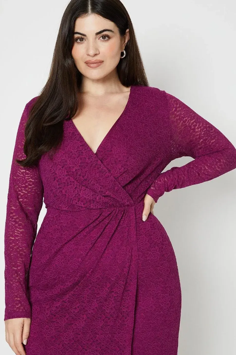 Curve Lace Gathered Wrap Midi Dress
