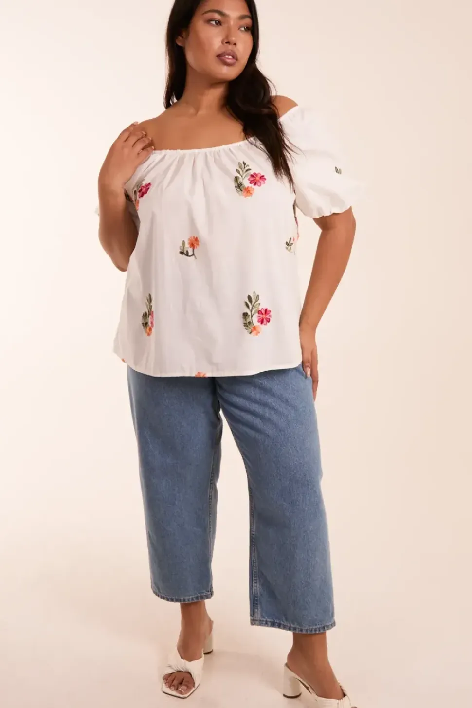 Curve Milkmaid Flower Embroidered Top