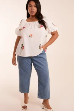 Curve Milkmaid Flower Embroidered Top