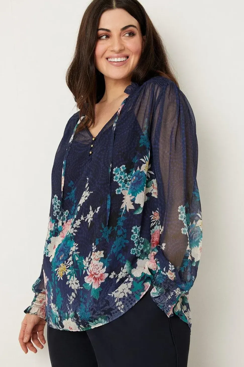 Curve Navy Floral Border Print Blouse