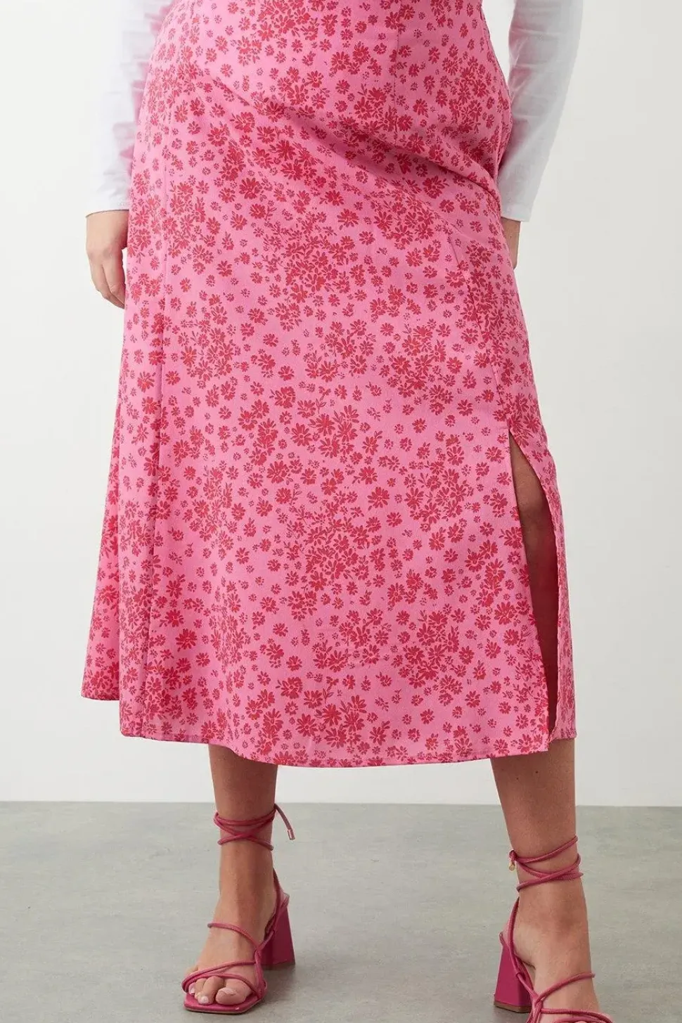 Curve Pink Floral Midi Skirt