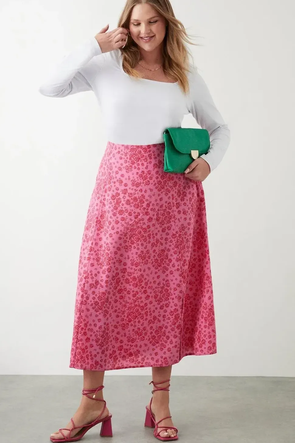 Curve Pink Floral Midi Skirt