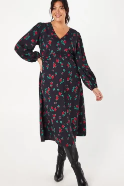 Curve Pleat Waist Midi Dress Floral Print