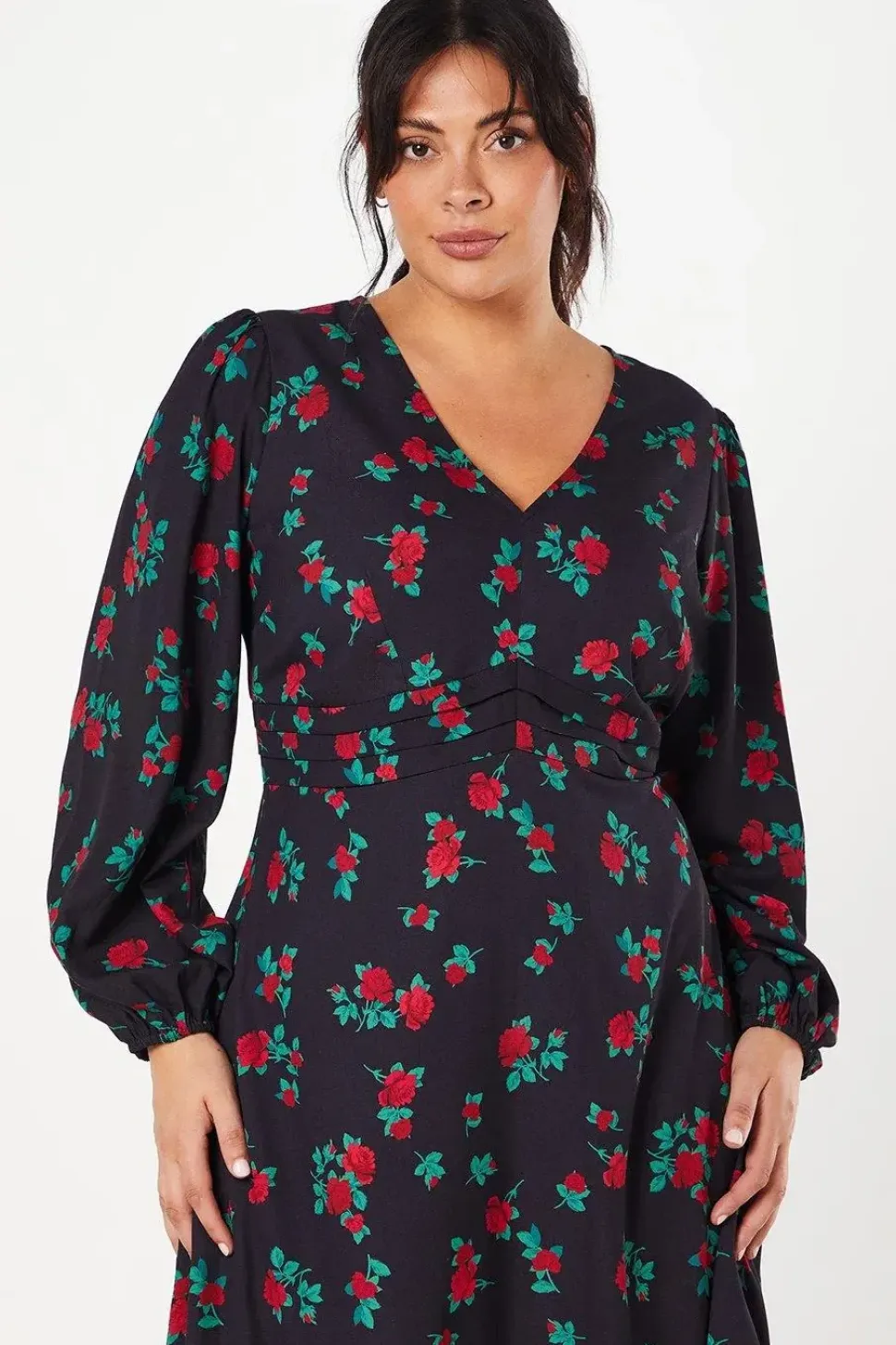 Curve Pleat Waist Midi Dress Floral Print