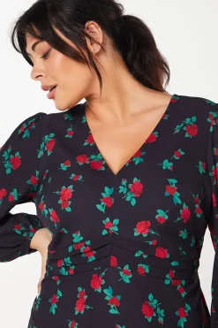 Curve Pleat Waist Midi Dress Floral Print