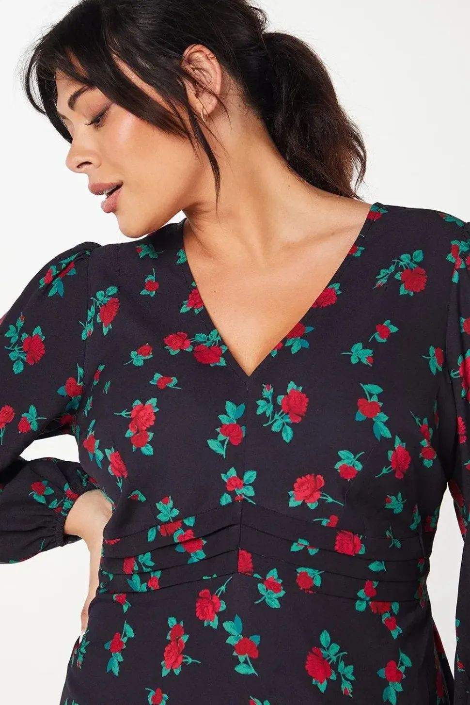 Curve Pleat Waist Midi Dress Floral Print
