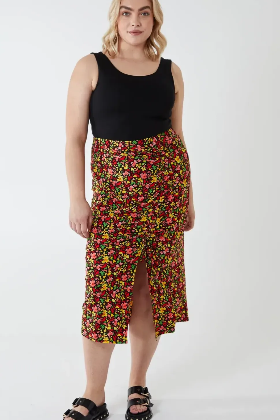 Curve Plus Size Ruched Front Midi Skirt