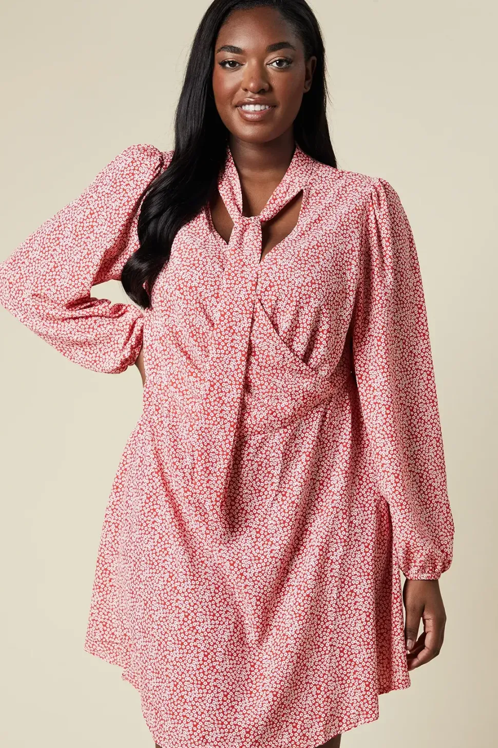 Curve Red Floral Keyhole Long Sleeve Mini Dress