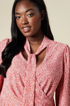 Curve Red Floral Keyhole Long Sleeve Mini Dress