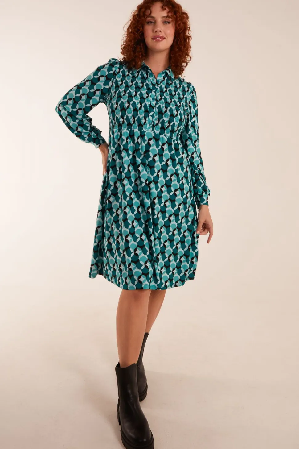 Curve Shirred Bust Long Sleeve Shirt Dress