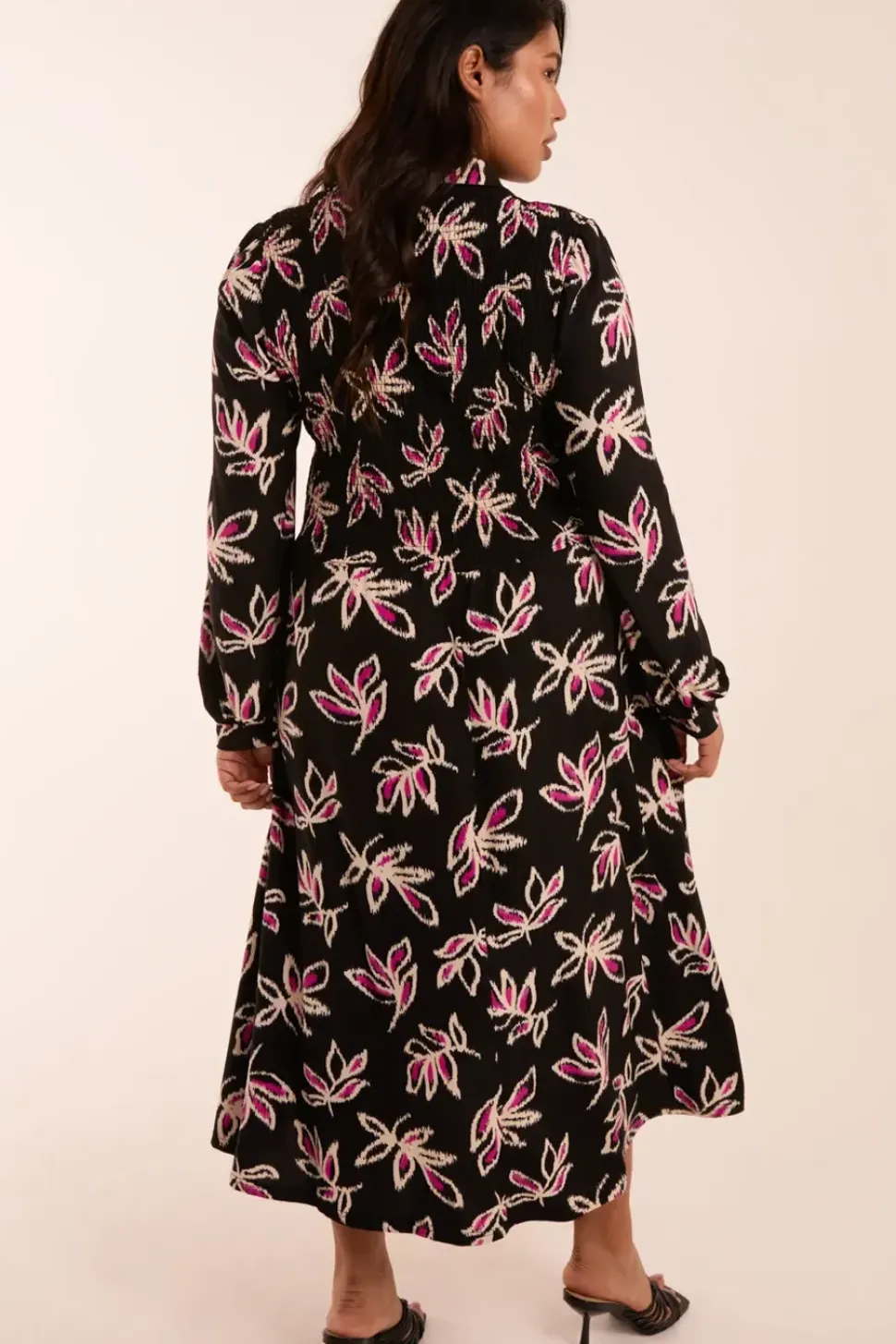 Curve Shirred Bust Long Sleeve Shirt Dress