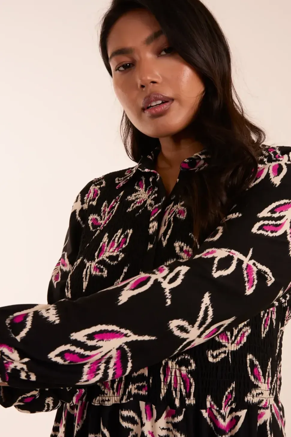 Curve Shirred Bust Long Sleeve Shirt Dress