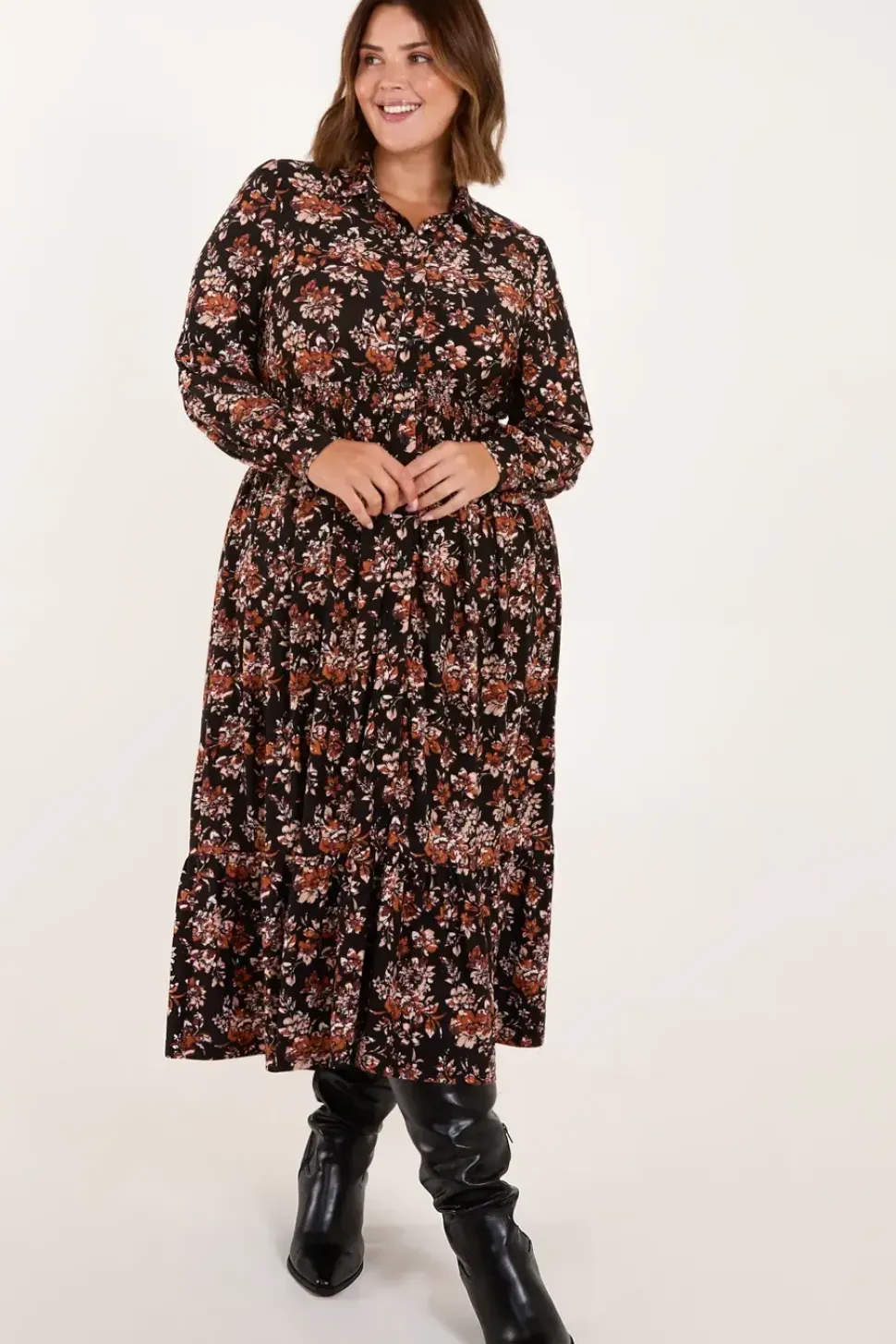 Curve Shirred Waist Midi Shirt Dress