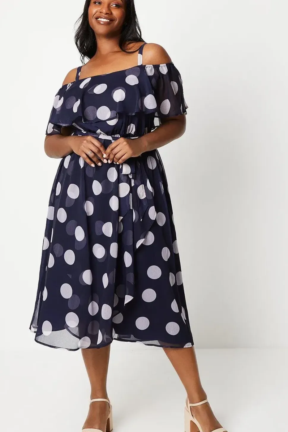 Curve Spot Ruffle Front Midi Dress