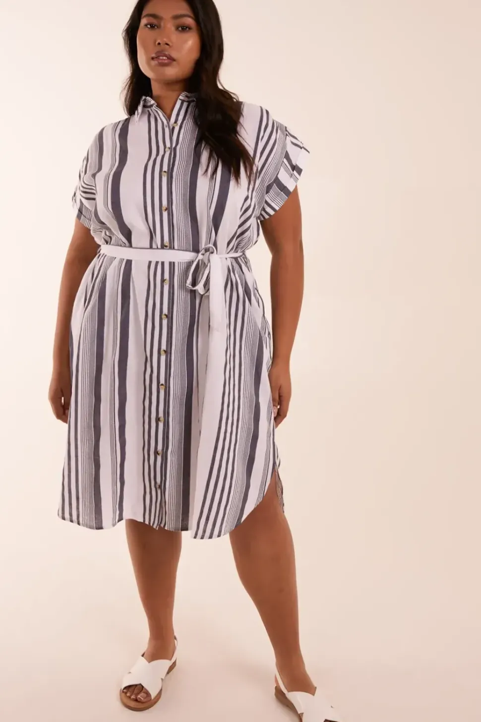 Curve Stripe Button Front Shirt Dress