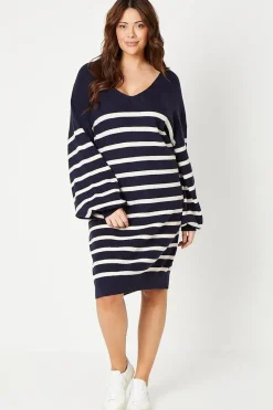 Curve Stripe Stitch Detail Longline V Neck Jumper Dress