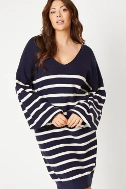Curve Stripe Stitch Detail Longline V Neck Jumper Dress