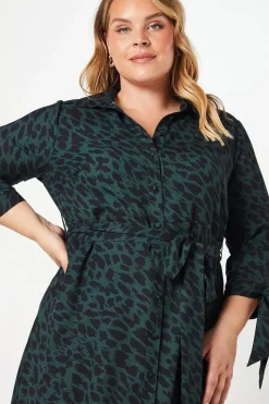 Curve Tie Sleeve Midi Shirt Dress Animal Print