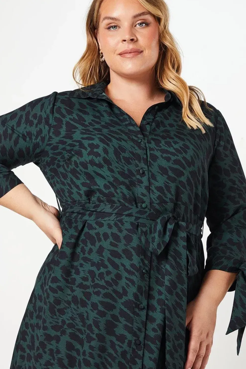 Curve Tie Sleeve Midi Shirt Dress Animal Print