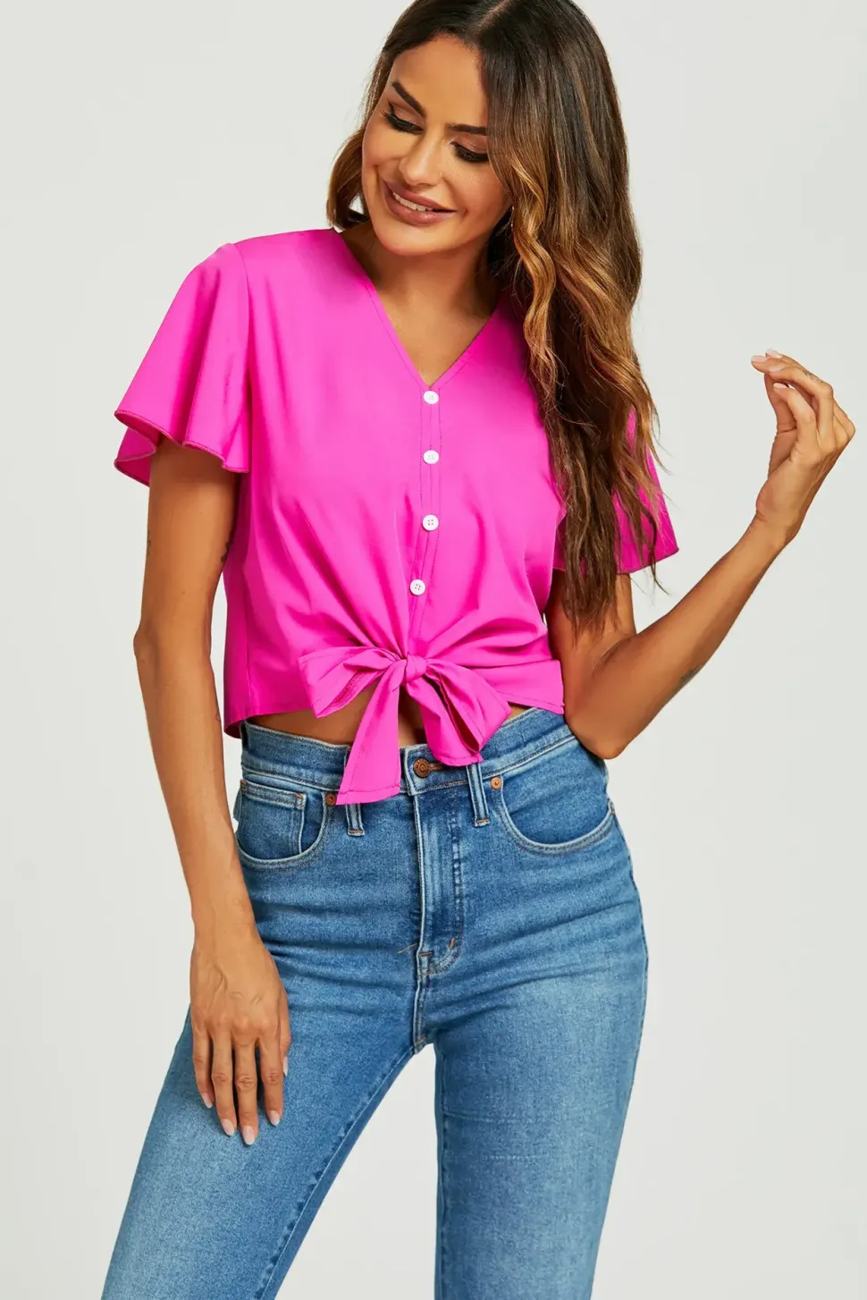 Cute Tie Knot Front Buttoned Crop T Shirt Top In Fuchsia Pink
