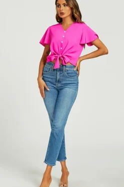 Cute Tie Knot Front Buttoned Crop T Shirt Top In Fuchsia Pink