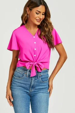 Cute Tie Knot Front Buttoned Crop T Shirt Top In Fuchsia Pink