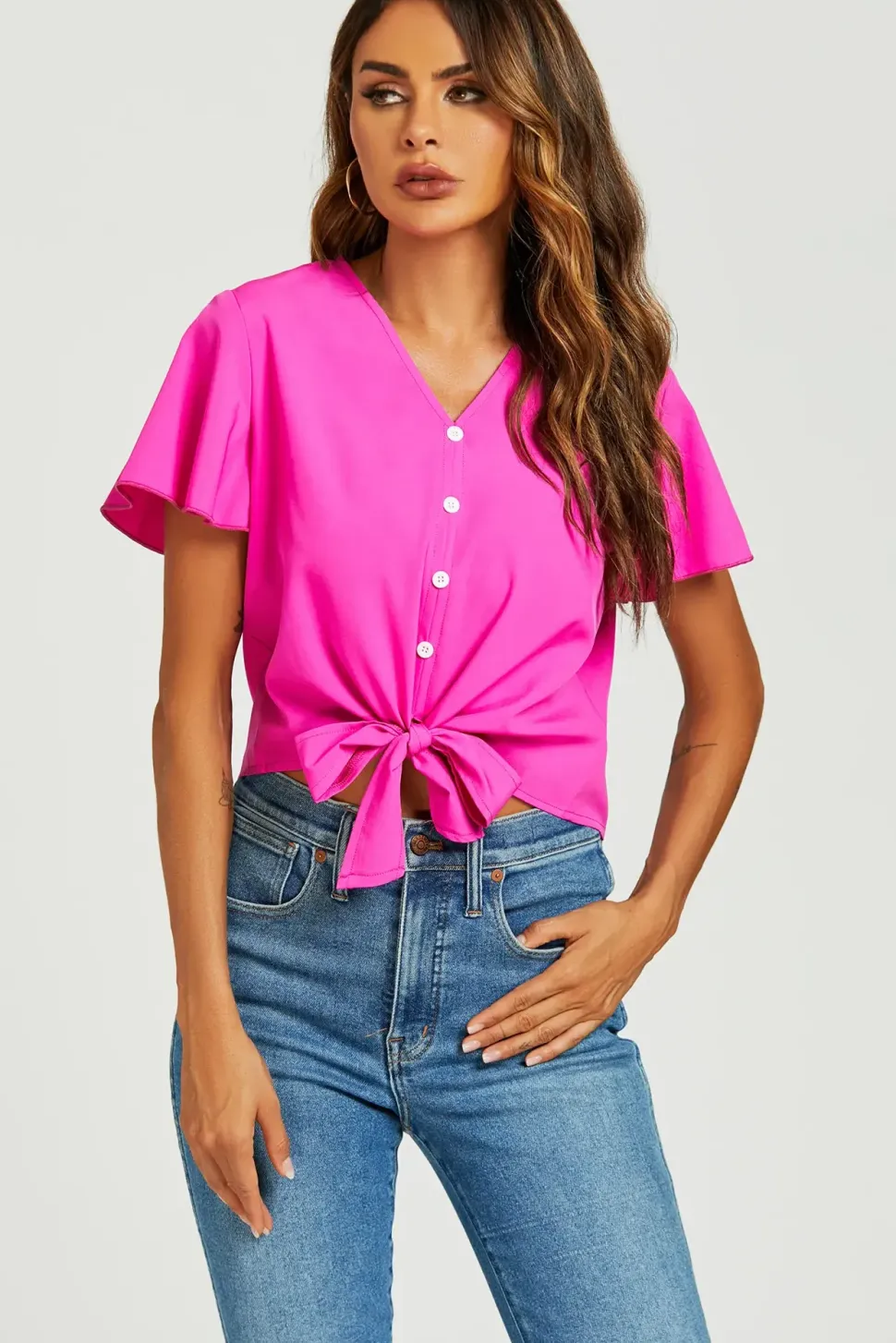 Cute Tie Knot Front Buttoned Crop T Shirt Top In Fuchsia Pink
