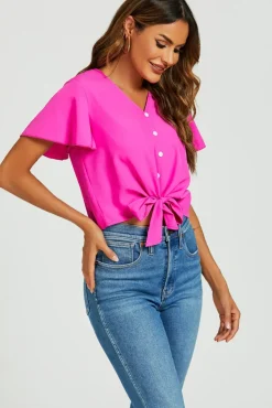 Cute Tie Knot Front Buttoned Crop T Shirt Top In Fuchsia Pink