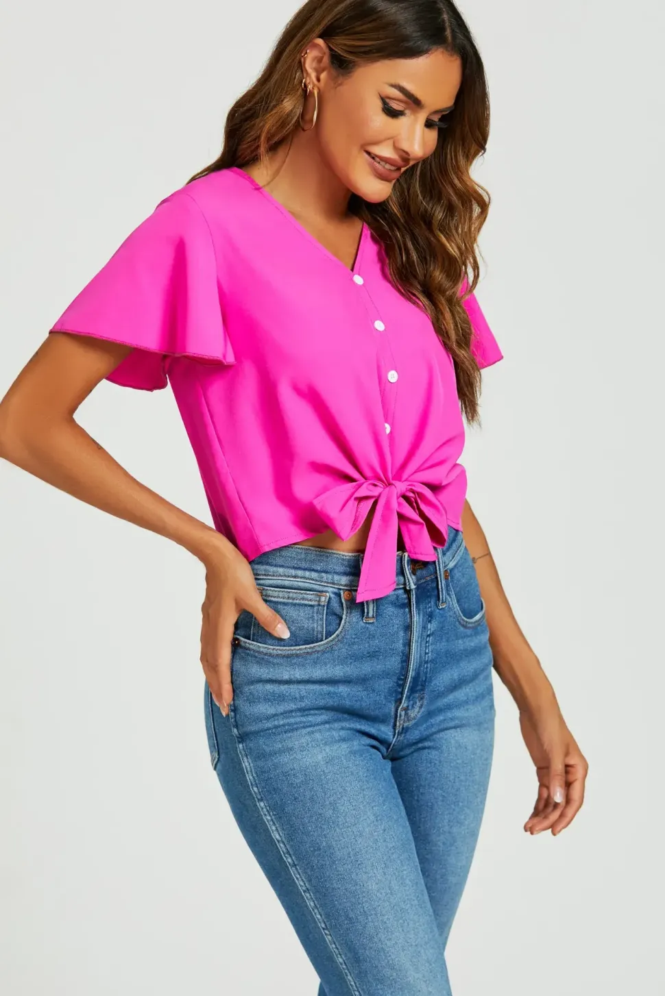 Cute Tie Knot Front Buttoned Crop T Shirt Top In Fuchsia Pink