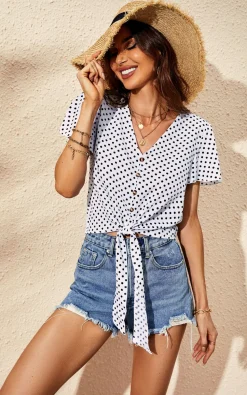Cute Tie Knot Front Buttoned Crop T Shirt Top In White & Black Polka Dot Print