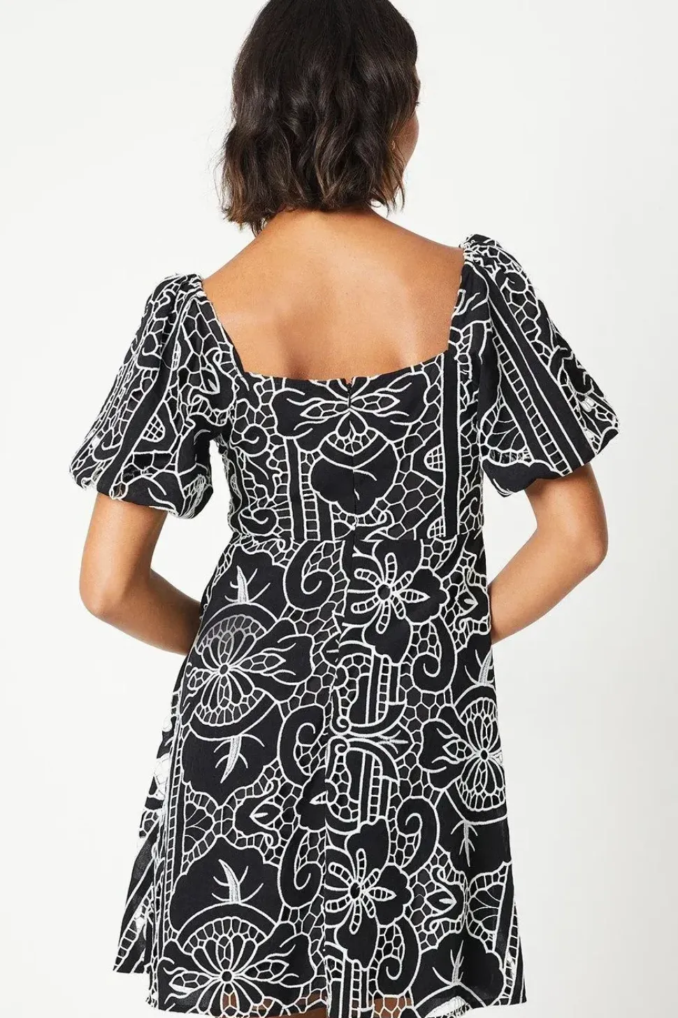 Cutwork Belted Puff Sleeve Mini Dress