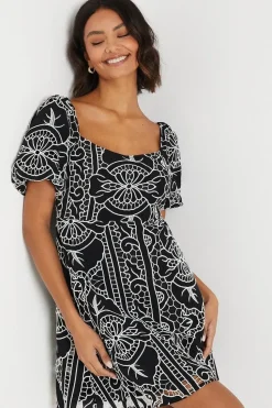 Cutwork Belted Puff Sleeve Mini Dress