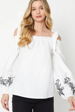 Cutwork Sleeve Poplin Tie Shoulder Top