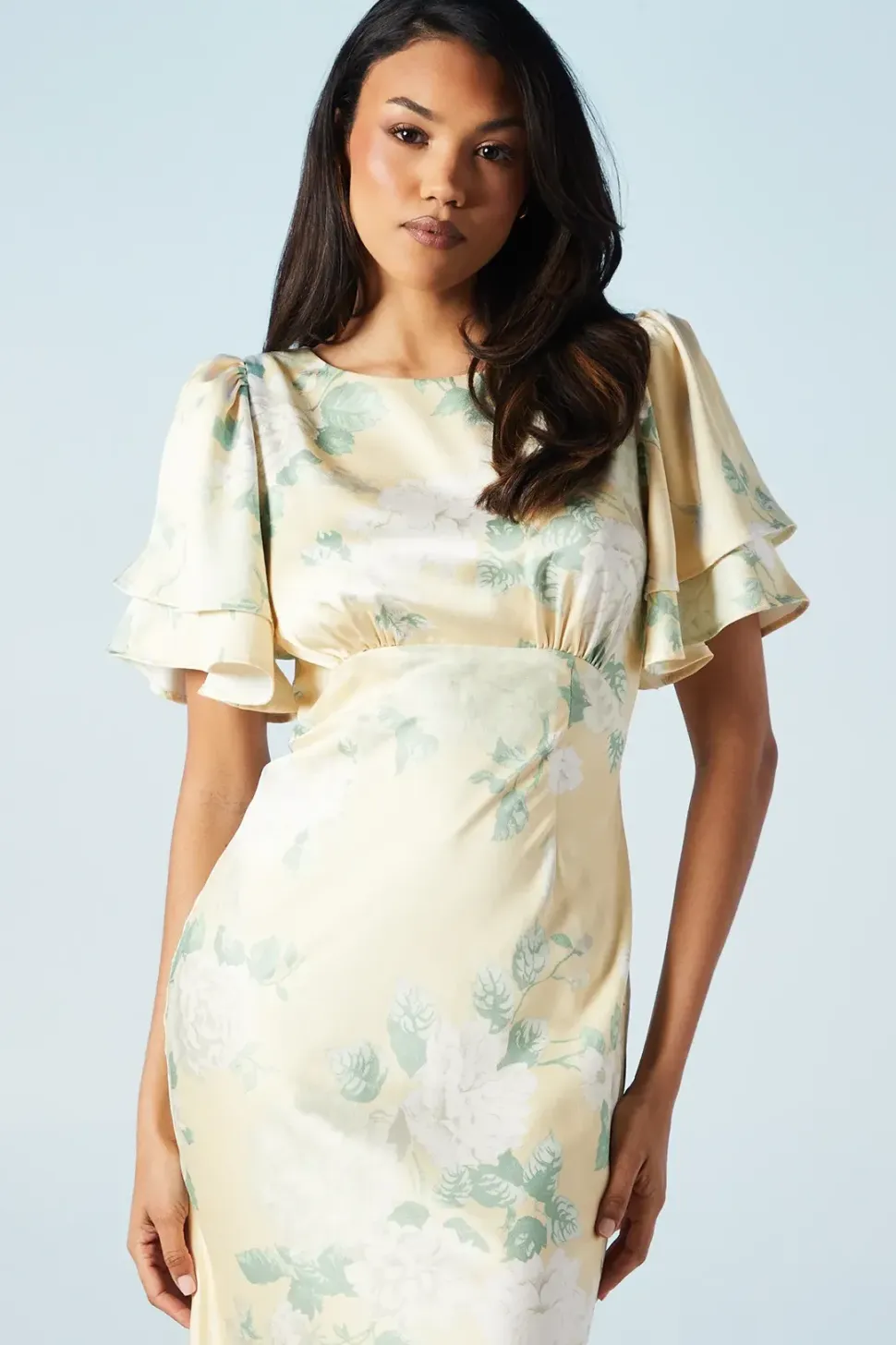 Dahlia Printed Angel Sleeve Satin Bridesmaid Dress