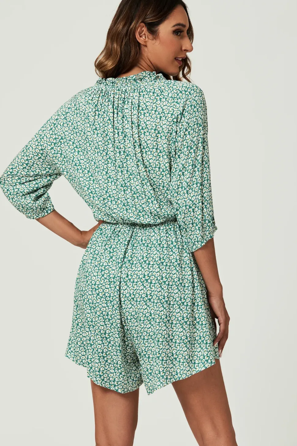 Daisy Floral Print Boho Playsuit With Buttons In Green