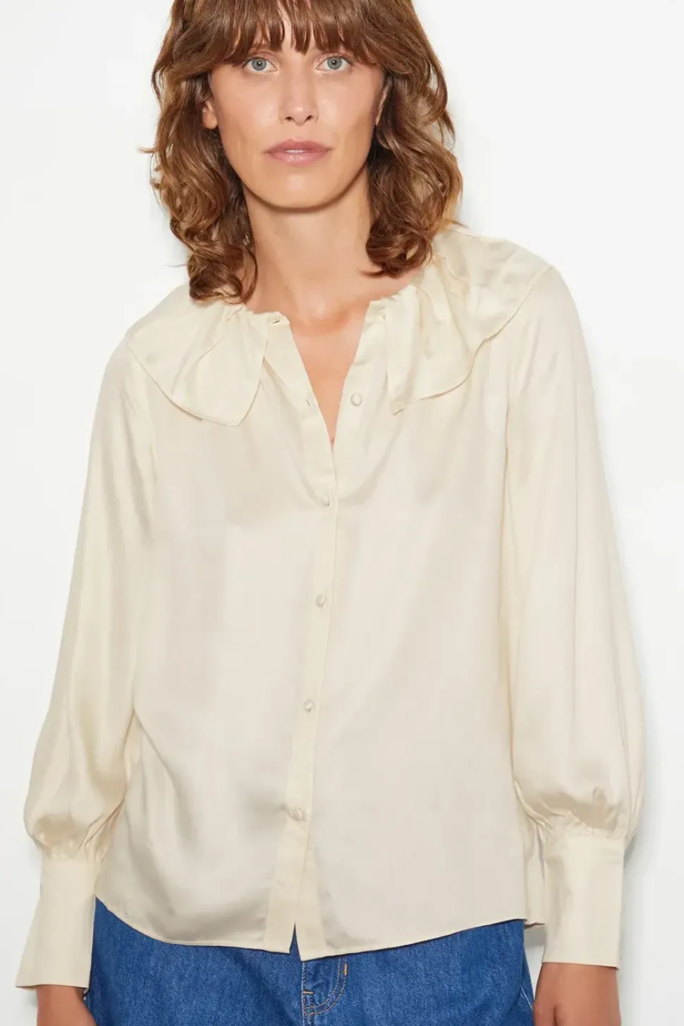 Daisy Frill Collar Satin Blouse Ivory
