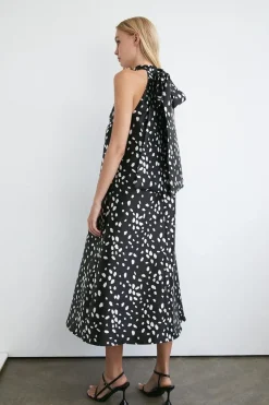 Dalmatian Print Satin Twill Bow Back A Line Midi Dress