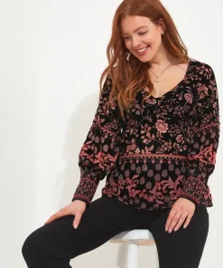 Dark Floral Balloon Sleeve Devore Shirt