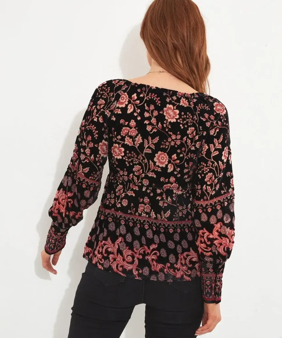 Dark Floral Balloon Sleeve Devore Shirt