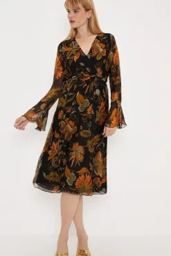 Dark Floral Silk Mix Belted Wrap Midi Dress