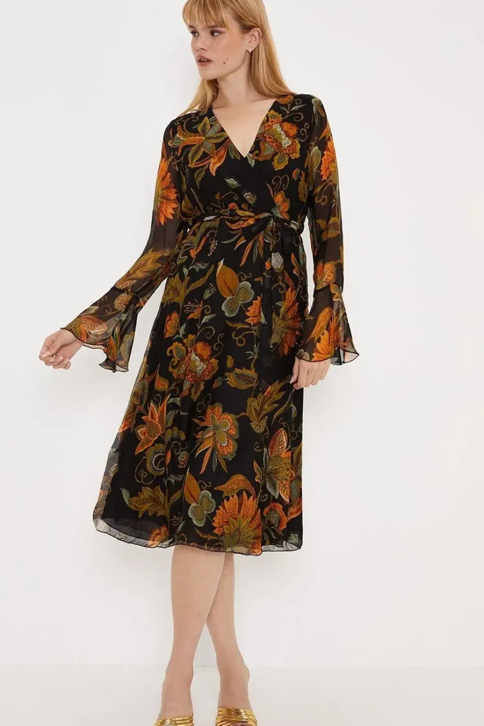 Dark Floral Silk Mix Belted Wrap Midi Dress