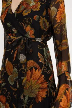 Dark Floral Silk Mix Belted Wrap Midi Dress