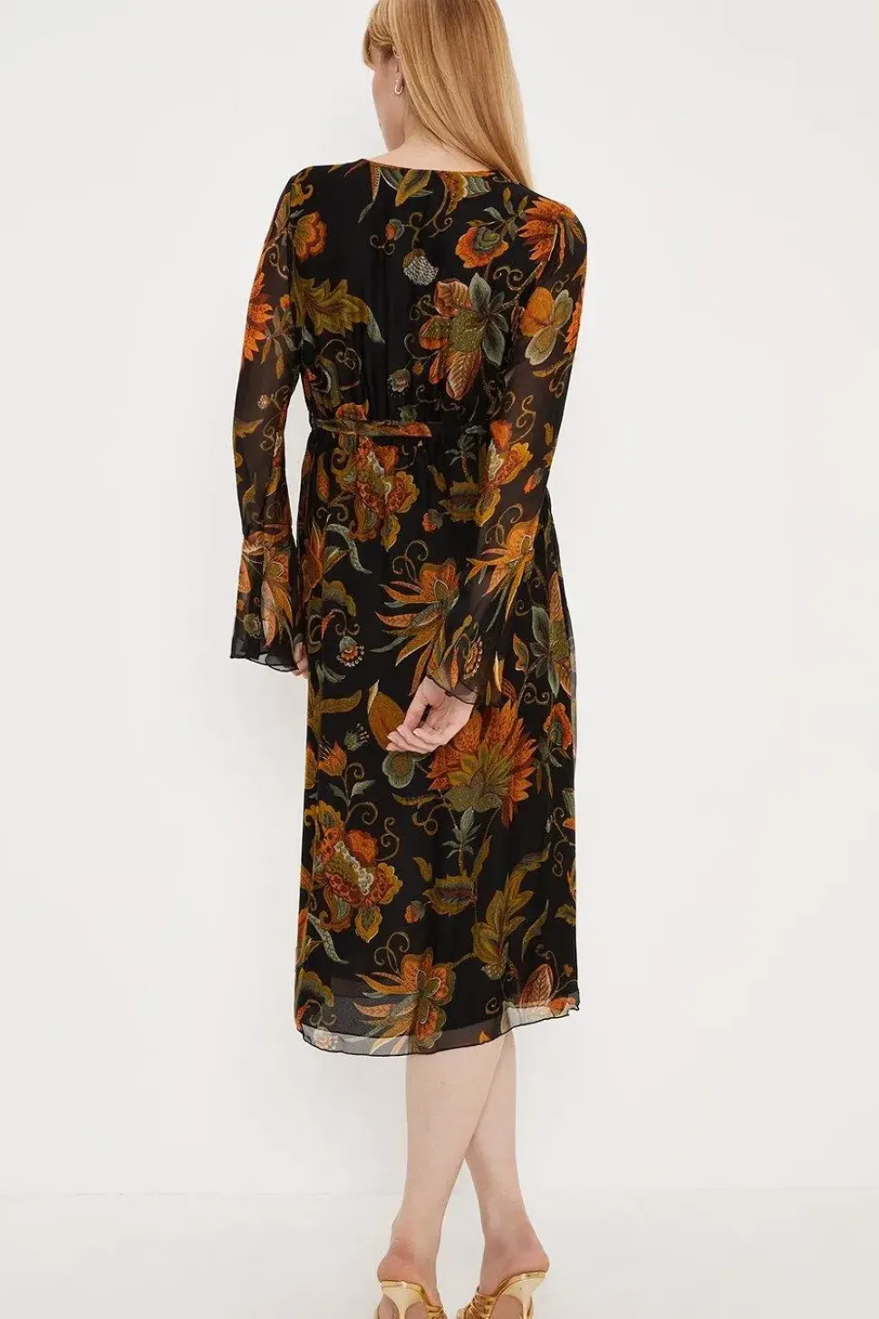 Dark Floral Silk Mix Belted Wrap Midi Dress