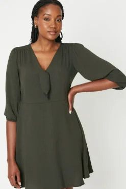 Dark Khaki Tie Front Mini 3/4 Sleeve