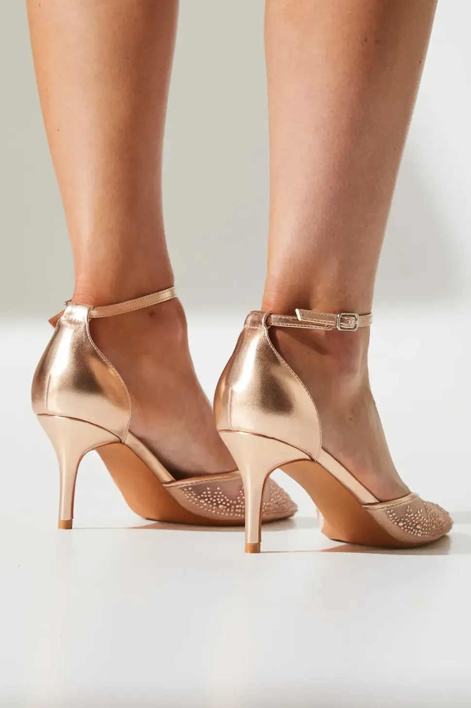 Darla Diamante Mesh Ankle Strap Stiletto Court Shoes